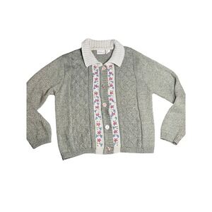 Fashion Bug Embroidered Cable Knit Cardigan Sweater Women's Size L Green Floral